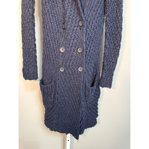 Free People Alpaca Wool Blend Navy Double‎ Breasted Duster Cardigan S Open Knit - Picture 4 of 10